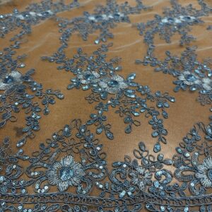 48"/50" Wide Princess Floral Lace Fabric with Sequins - Denim Blue