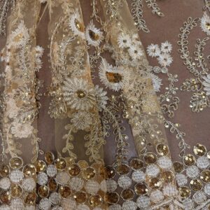 48"/50" Wide Corded Floral Lace Fabric with Sequins - Gold