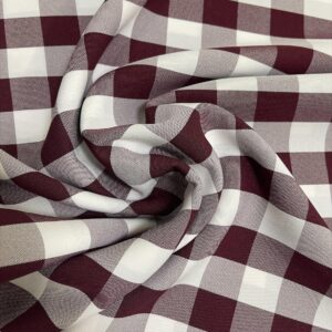 1" Checkered Gingham PolyPoplin Fabric - Burgundy and White