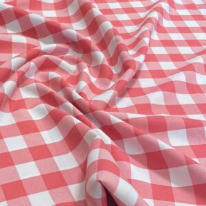 1" Checkered Gingham PolyPoplin Fabric - Coral and White