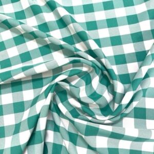 1" Checkered Gingham PolyPoplin Fabric - Jade and White