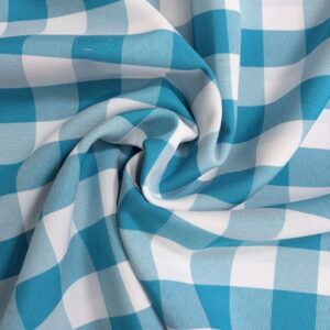1" Checkered Gingham PolyPoplin Fabric - Turquoise and White