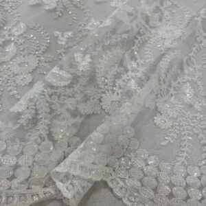 48"/50" Wide Corded Floral Lace Fabric with Sequins - White