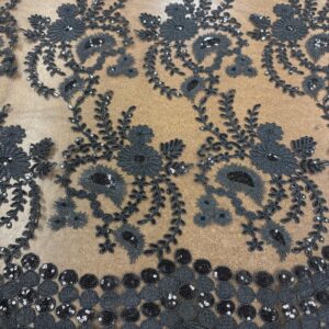 48"/50" Wide Corded Floral Lace Fabric with Sequins - Black