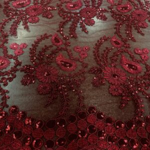 48"/50" Wide Corded Floral Lace Fabric with Sequins - Burgundy