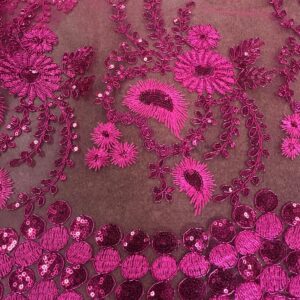 48"/50" Wide Corded Floral Lace Fabric with Sequins - Fuchsia