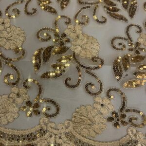 48"/50" Wide Corded Queen Floral Lace Fabric with Sequins - Gold
