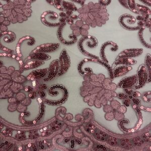 48"/50" Wide Corded Queen Floral Lace Fabric with Sequins - Dark Mauve