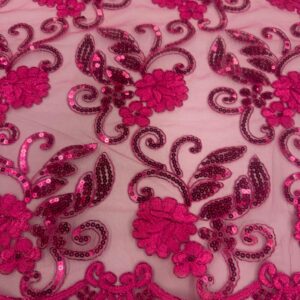 48"/50" Wide Corded Queen Floral Lace Fabric with Sequins - Fuchsia