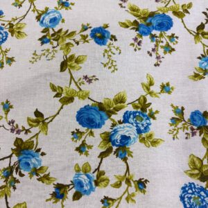 60" Wide Rose Print Polycotton Broadcloth Fabric - Blue/White