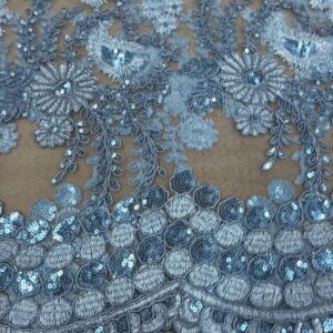 48"/50" Wide Corded Floral Lace Fabric with Sequins - Denim Blue