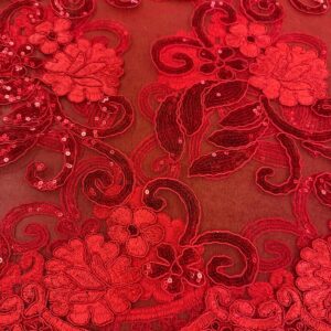 48"/50" Wide Corded Queen Floral Lace Fabric with Sequins - Red