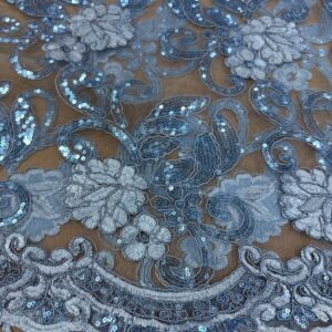48"/50" Wide Corded Queen Floral Lace Fabric with Sequins - Denim Blue