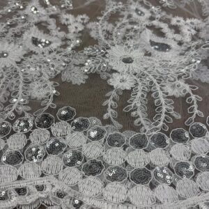48"/50" Wide Corded Floral Lace Fabric with Sequins - Silver on White