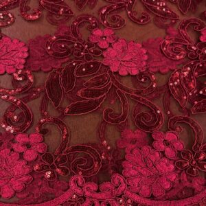 48"/50" Wide Corded Queen Floral Lace Fabric with Sequins - Burgundy
