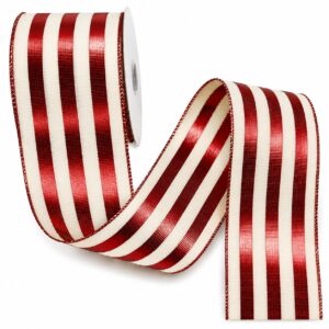 Metallic Striped Wired Ribbon - 2.5" x 10 Yards - Ivory and Metallic Red