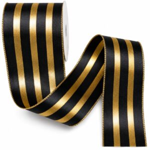 Metallic Striped Wired Ribbon - 2.5" x 10 Yards - Black and Metallic Gold