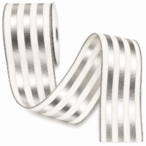 Metallic Striped Wired Ribbon - 2.5" x 10 Yards - White and Metallic Platinum