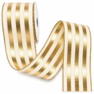 Metallic Striped Wired Ribbon - 2.5" x 10 Yards - Ivory and Metallic Gold