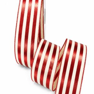 Metallic Striped Wired Ribbon - 1.5" x 25 Yards - Ivory and Metallic Red