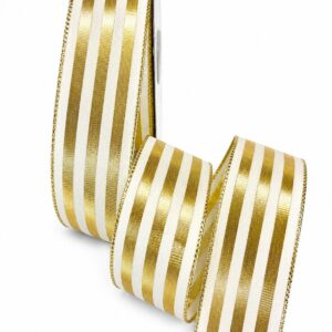 Metallic Striped Wired Ribbon - 1.5" x 25 Yards - Ivory and Metallic Gold