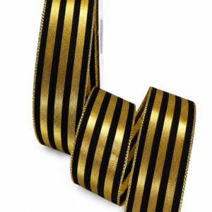 Metallic Striped Wired Ribbon - 1.5" x 25 Yards - Black and Metallic Gold