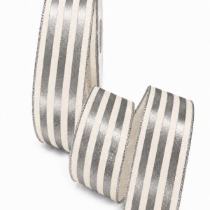 Metallic Striped Wired Ribbon - 1.5" x 25 Yards - White and Metallic Platinum